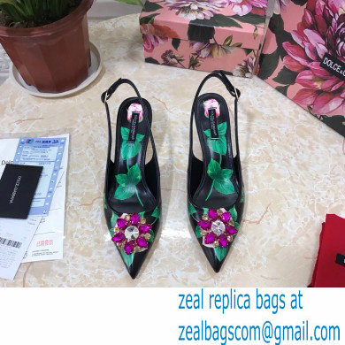 Dolce  &  Gabbana Heel 6.5cm Leather Print Slingbacks with Crystal Flower 01 2021